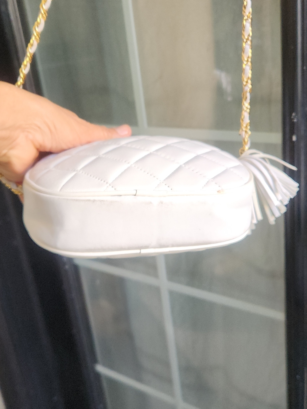 White Quilted Camera Bag with Gold Chain - Picture 6 of 10